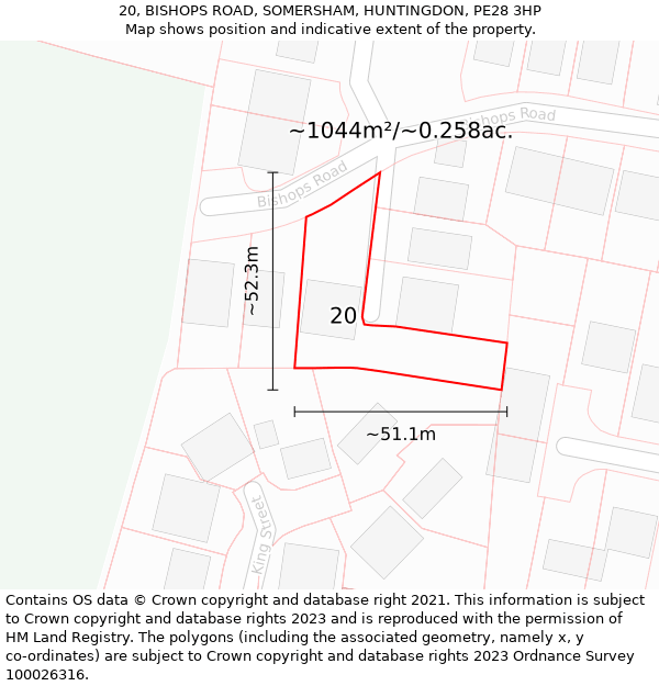 20, BISHOPS ROAD, SOMERSHAM, HUNTINGDON, PE28 3HP: Plot and title map
