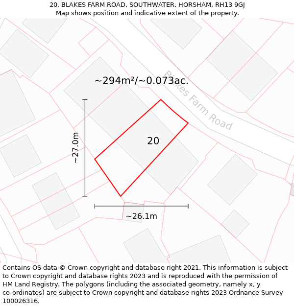 20, BLAKES FARM ROAD, SOUTHWATER, HORSHAM, RH13 9GJ: Plot and title map