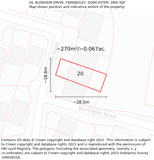 20, BLENHEIM DRIVE, FINNINGLEY, DONCASTER, DN9 3QF: Plot and title map