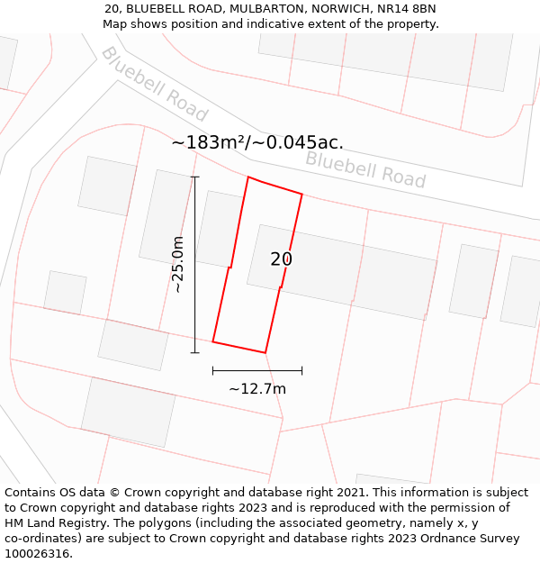 20, BLUEBELL ROAD, MULBARTON, NORWICH, NR14 8BN: Plot and title map