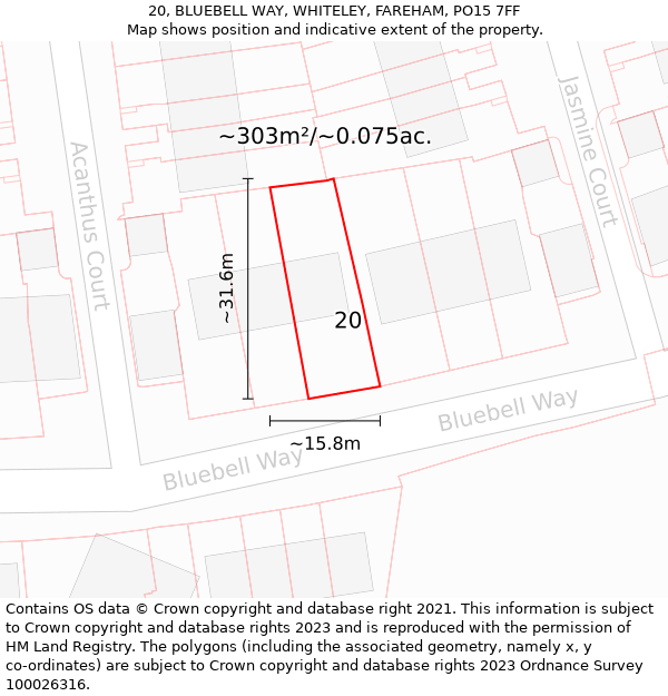 20, BLUEBELL WAY, WHITELEY, FAREHAM, PO15 7FF: Plot and title map