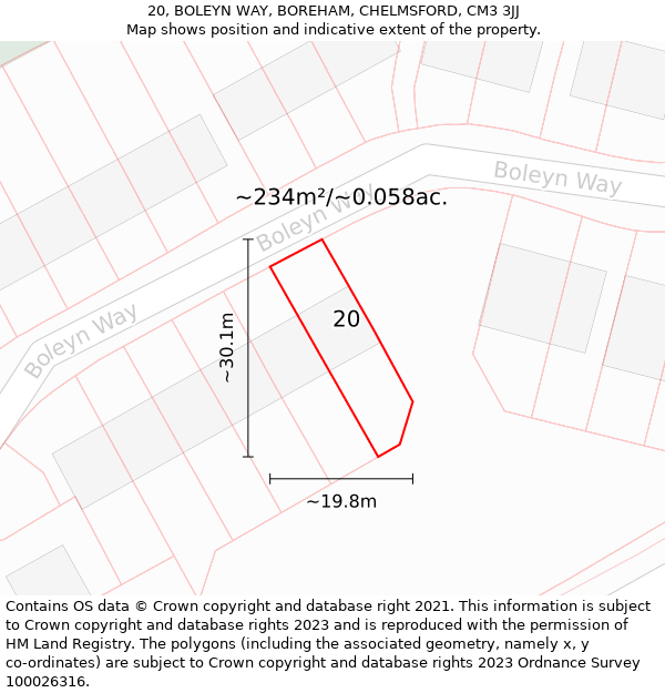 20, BOLEYN WAY, BOREHAM, CHELMSFORD, CM3 3JJ: Plot and title map