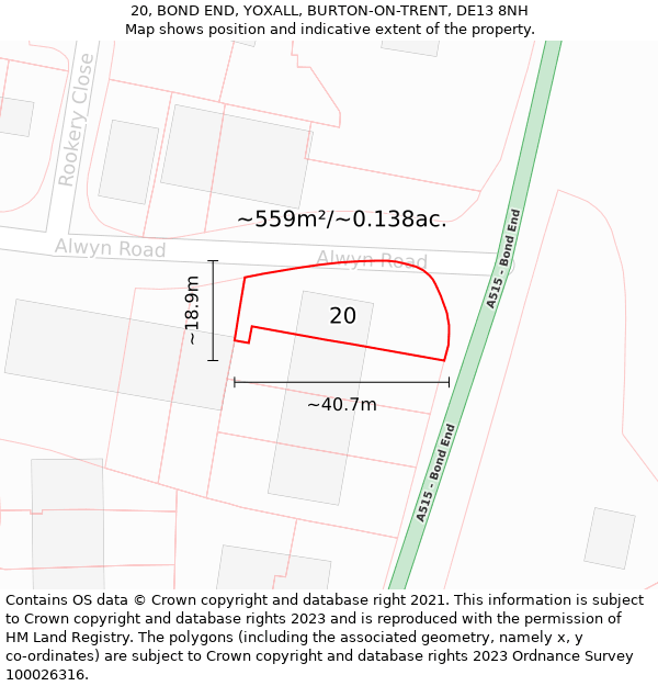 20, BOND END, YOXALL, BURTON-ON-TRENT, DE13 8NH: Plot and title map