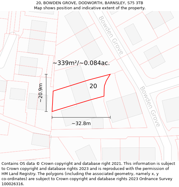 20, BOWDEN GROVE, DODWORTH, BARNSLEY, S75 3TB: Plot and title map