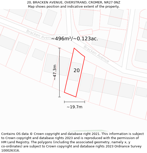 20, BRACKEN AVENUE, OVERSTRAND, CROMER, NR27 0NZ: Plot and title map