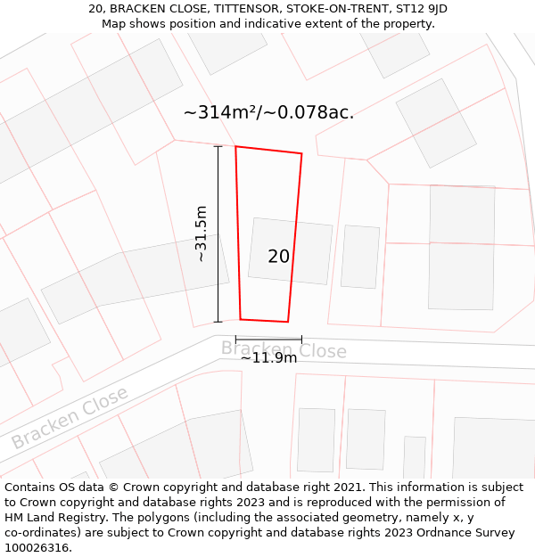 20, BRACKEN CLOSE, TITTENSOR, STOKE-ON-TRENT, ST12 9JD: Plot and title map