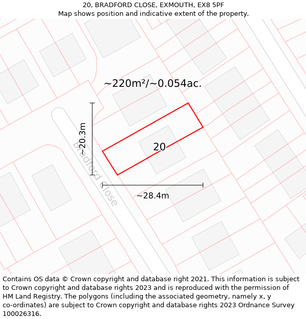 20, BRADFORD CLOSE, EXMOUTH, EX8 5PF: Plot and title map