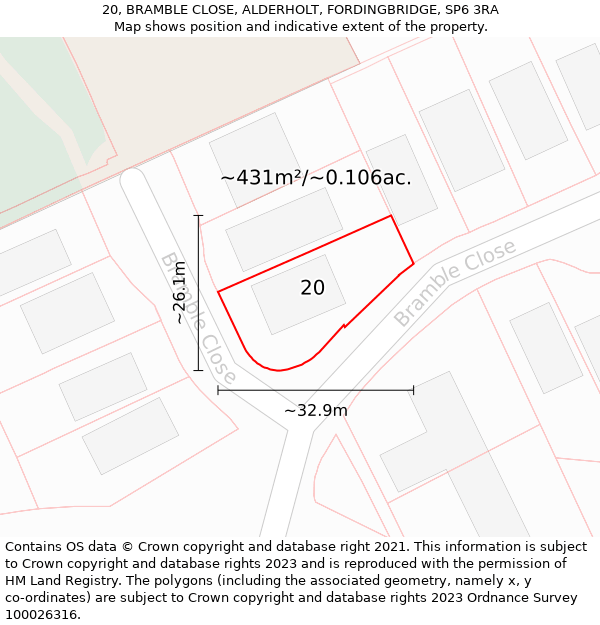 20, BRAMBLE CLOSE, ALDERHOLT, FORDINGBRIDGE, SP6 3RA: Plot and title map