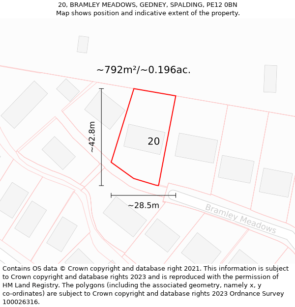 20, BRAMLEY MEADOWS, GEDNEY, SPALDING, PE12 0BN: Plot and title map