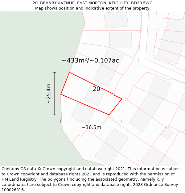 20, BRANBY AVENUE, EAST MORTON, KEIGHLEY, BD20 5WG: Plot and title map