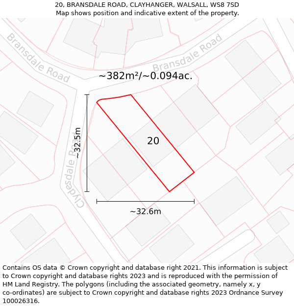 20, BRANSDALE ROAD, CLAYHANGER, WALSALL, WS8 7SD: Plot and title map