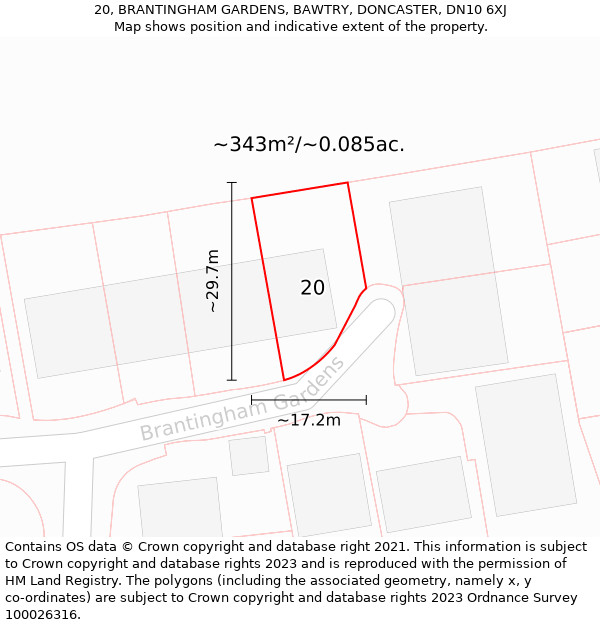 20, BRANTINGHAM GARDENS, BAWTRY, DONCASTER, DN10 6XJ: Plot and title map