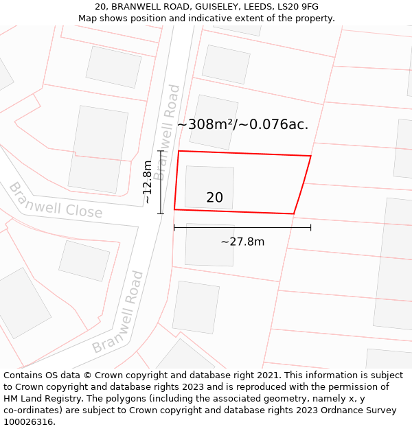 20, BRANWELL ROAD, GUISELEY, LEEDS, LS20 9FG: Plot and title map