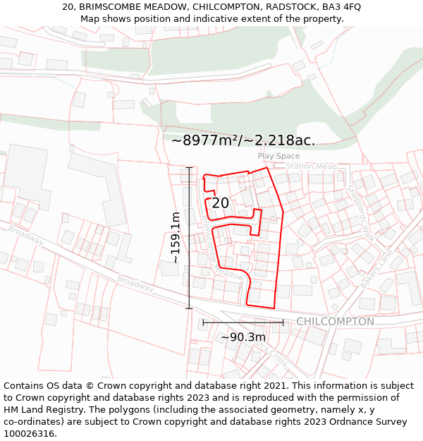 20, BRIMSCOMBE MEADOW, CHILCOMPTON, RADSTOCK, BA3 4FQ: Plot and title map