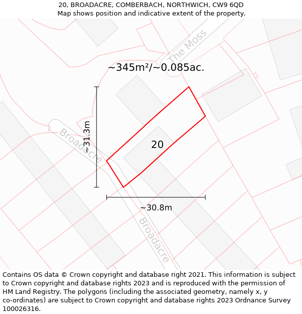 20, BROADACRE, COMBERBACH, NORTHWICH, CW9 6QD: Plot and title map