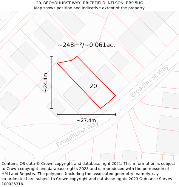 20, BROADHURST WAY, BRIERFIELD, NELSON, BB9 5HG: Plot and title map