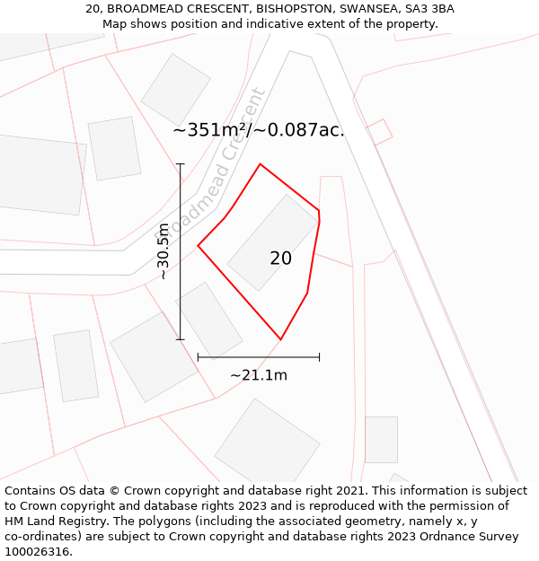 20, BROADMEAD CRESCENT, BISHOPSTON, SWANSEA, SA3 3BA: Plot and title map