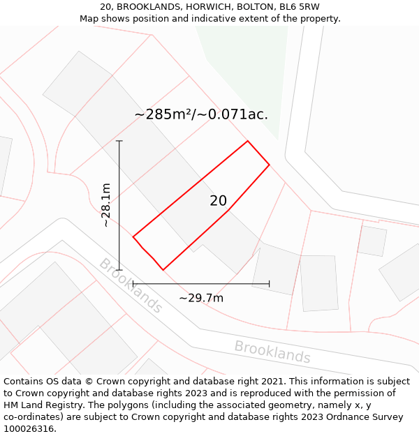 20, BROOKLANDS, HORWICH, BOLTON, BL6 5RW: Plot and title map