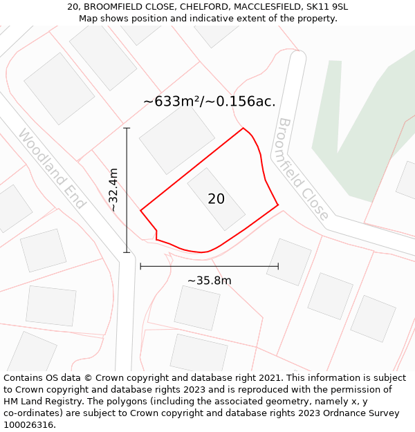 20, BROOMFIELD CLOSE, CHELFORD, MACCLESFIELD, SK11 9SL: Plot and title map