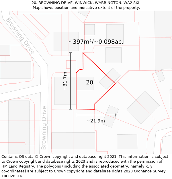 20, BROWNING DRIVE, WINWICK, WARRINGTON, WA2 8XL: Plot and title map