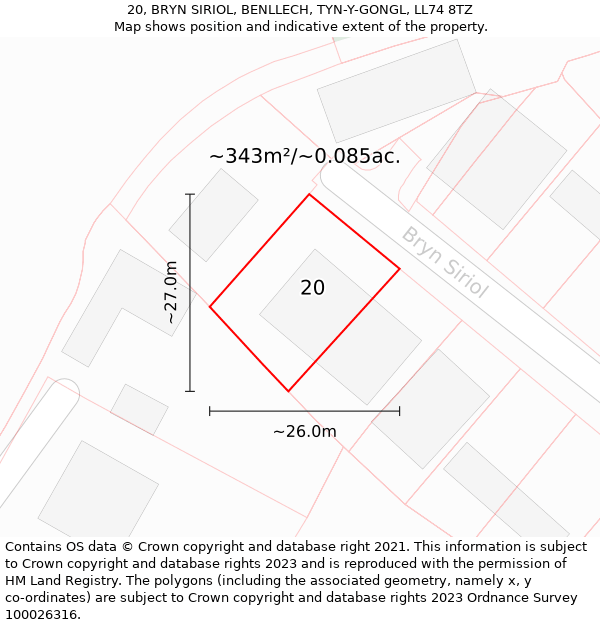 20, BRYN SIRIOL, BENLLECH, TYN-Y-GONGL, LL74 8TZ: Plot and title map