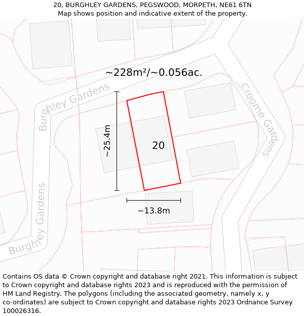 20, BURGHLEY GARDENS, PEGSWOOD, MORPETH, NE61 6TN: Plot and title map