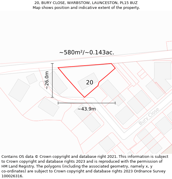 20, BURY CLOSE, WARBSTOW, LAUNCESTON, PL15 8UZ: Plot and title map