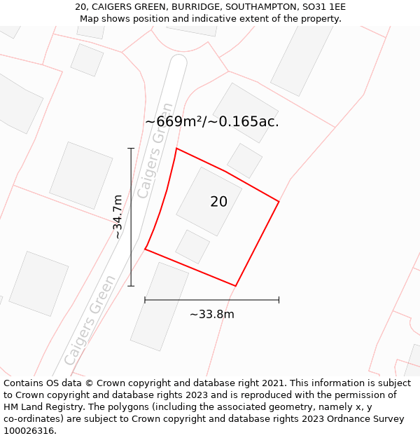 20, CAIGERS GREEN, BURRIDGE, SOUTHAMPTON, SO31 1EE: Plot and title map