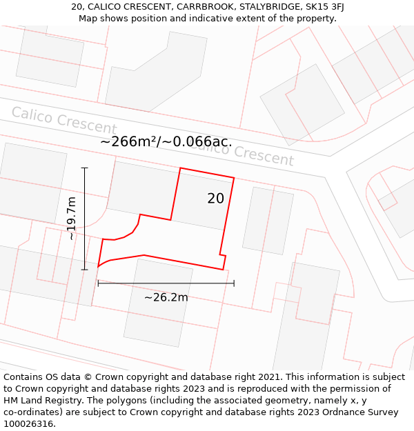 20, CALICO CRESCENT, CARRBROOK, STALYBRIDGE, SK15 3FJ: Plot and title map