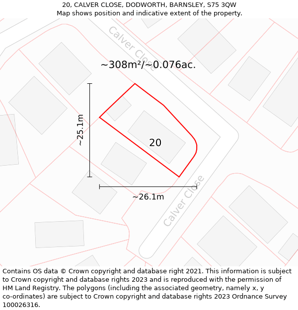 20, CALVER CLOSE, DODWORTH, BARNSLEY, S75 3QW: Plot and title map