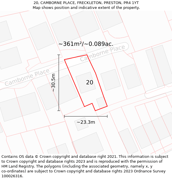 20, CAMBORNE PLACE, FRECKLETON, PRESTON, PR4 1YT: Plot and title map