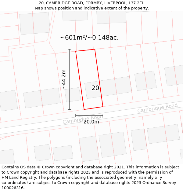 20, CAMBRIDGE ROAD, FORMBY, LIVERPOOL, L37 2EL: Plot and title map