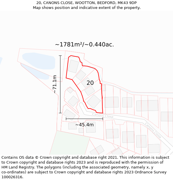 20, CANONS CLOSE, WOOTTON, BEDFORD, MK43 9DP: Plot and title map
