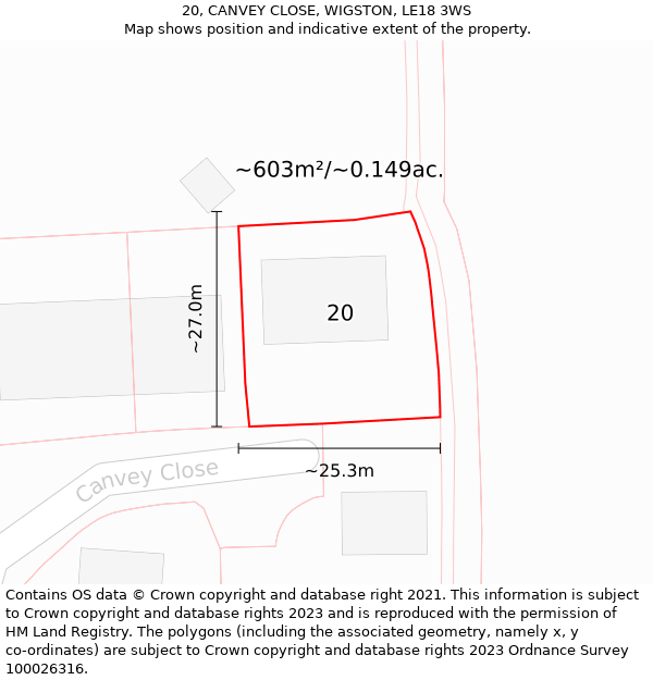 20, CANVEY CLOSE, WIGSTON, LE18 3WS: Plot and title map