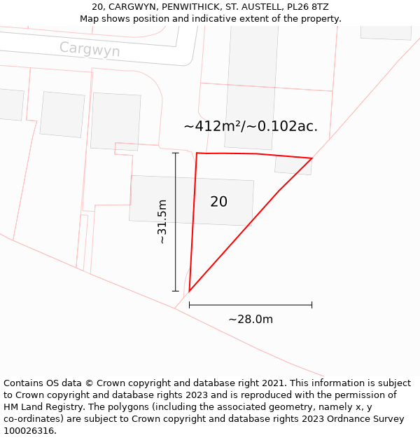 20, CARGWYN, PENWITHICK, ST. AUSTELL, PL26 8TZ: Plot and title map