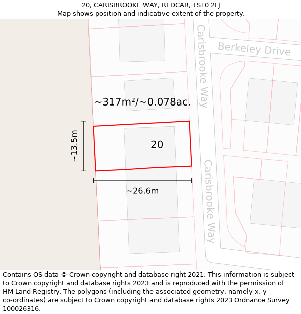 20, CARISBROOKE WAY, REDCAR, TS10 2LJ: Plot and title map