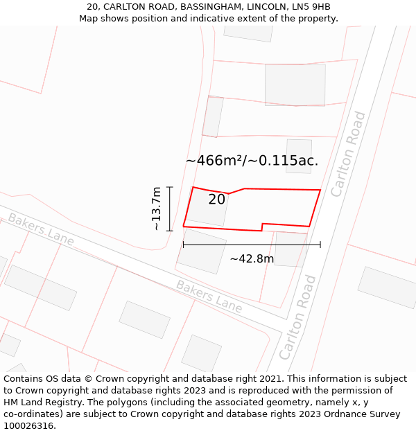 20, CARLTON ROAD, BASSINGHAM, LINCOLN, LN5 9HB: Plot and title map