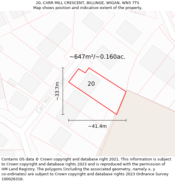 20, CARR MILL CRESCENT, BILLINGE, WIGAN, WN5 7TS: Plot and title map