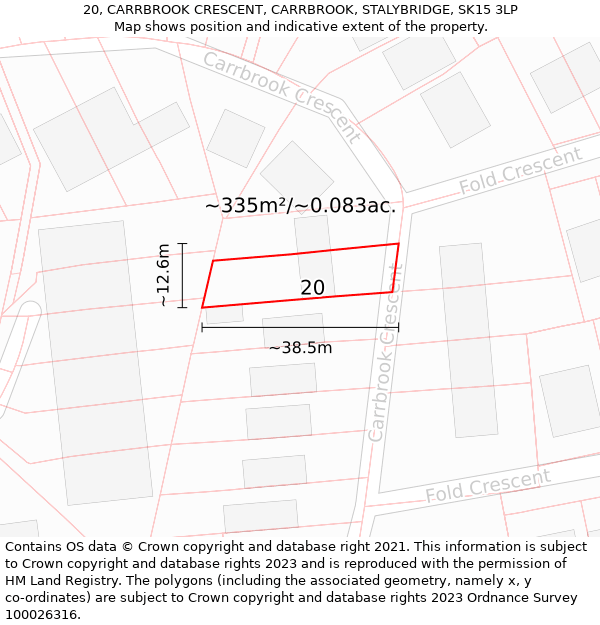 20, CARRBROOK CRESCENT, CARRBROOK, STALYBRIDGE, SK15 3LP: Plot and title map