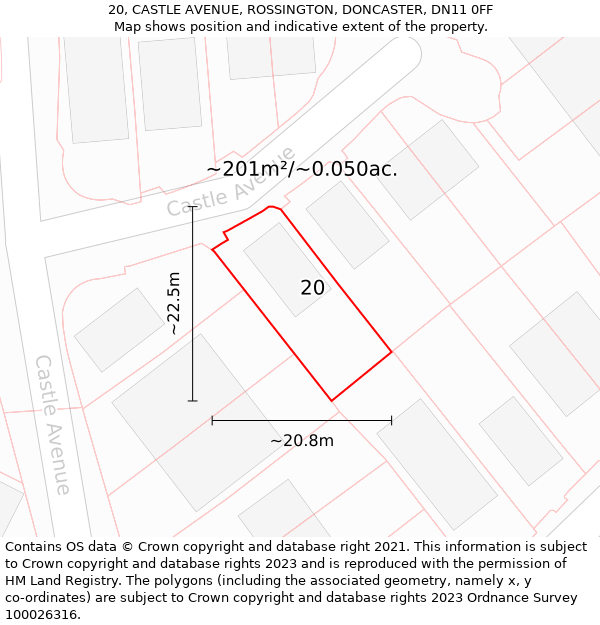 20, CASTLE AVENUE, ROSSINGTON, DONCASTER, DN11 0FF: Plot and title map