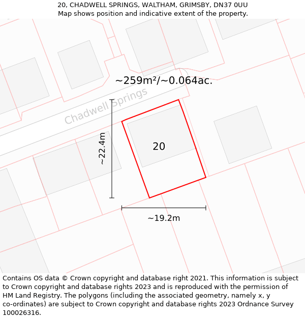 20, CHADWELL SPRINGS, WALTHAM, GRIMSBY, DN37 0UU: Plot and title map