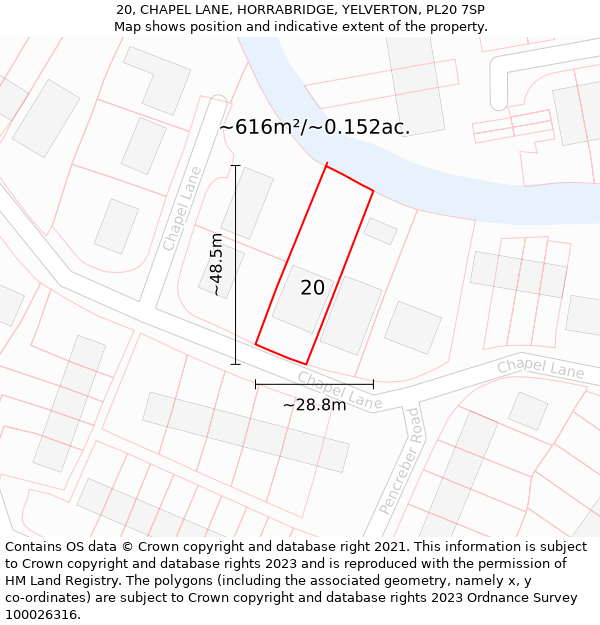 20, CHAPEL LANE, HORRABRIDGE, YELVERTON, PL20 7SP: Plot and title map