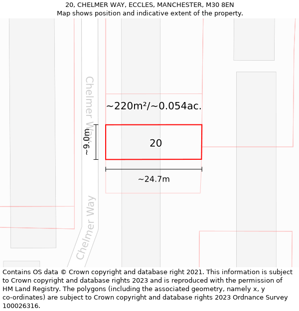 20, CHELMER WAY, ECCLES, MANCHESTER, M30 8EN: Plot and title map