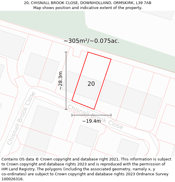 20, CHISNALL BROOK CLOSE, DOWNHOLLAND, ORMSKIRK, L39 7AB: Plot and title map