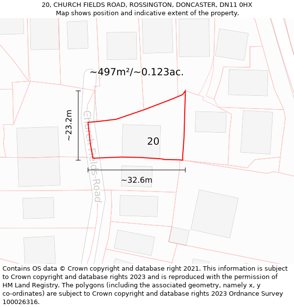 20, CHURCH FIELDS ROAD, ROSSINGTON, DONCASTER, DN11 0HX: Plot and title map