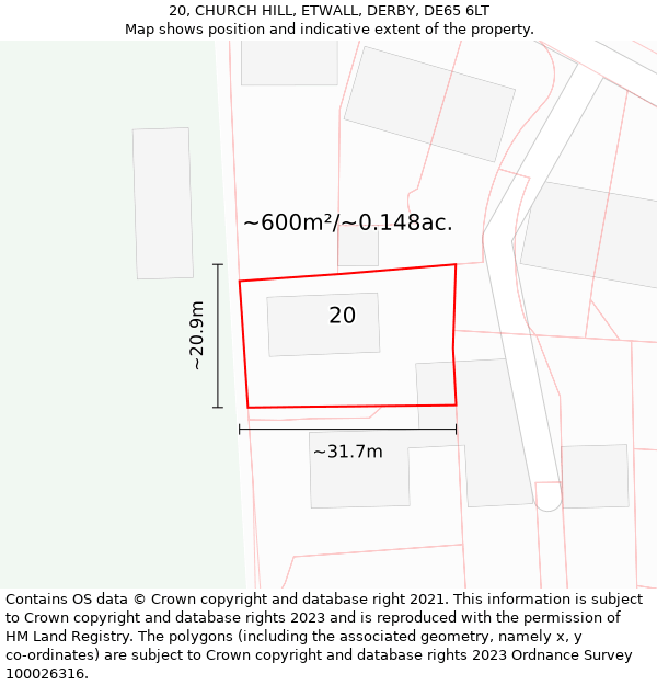 20, CHURCH HILL, ETWALL, DERBY, DE65 6LT: Plot and title map