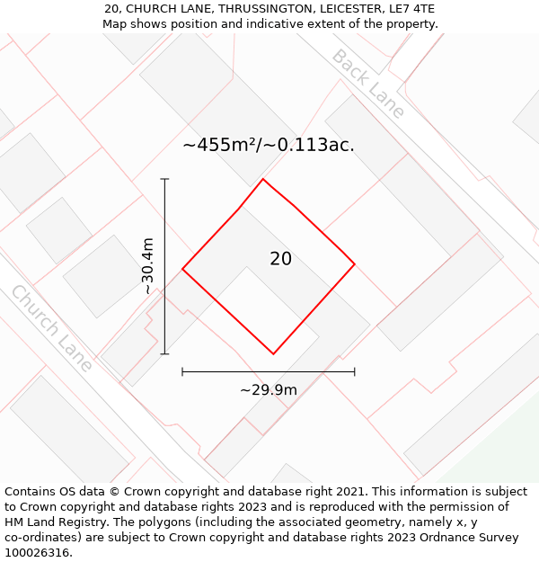 20, CHURCH LANE, THRUSSINGTON, LEICESTER, LE7 4TE: Plot and title map