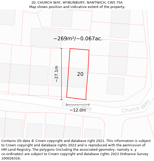 20, CHURCH WAY, WYBUNBURY, NANTWICH, CW5 7SA: Plot and title map