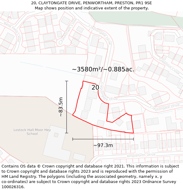 20, CLAYTONGATE DRIVE, PENWORTHAM, PRESTON, PR1 9SE: Plot and title map