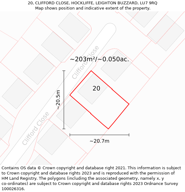 20, CLIFFORD CLOSE, HOCKLIFFE, LEIGHTON BUZZARD, LU7 9RQ: Plot and title map